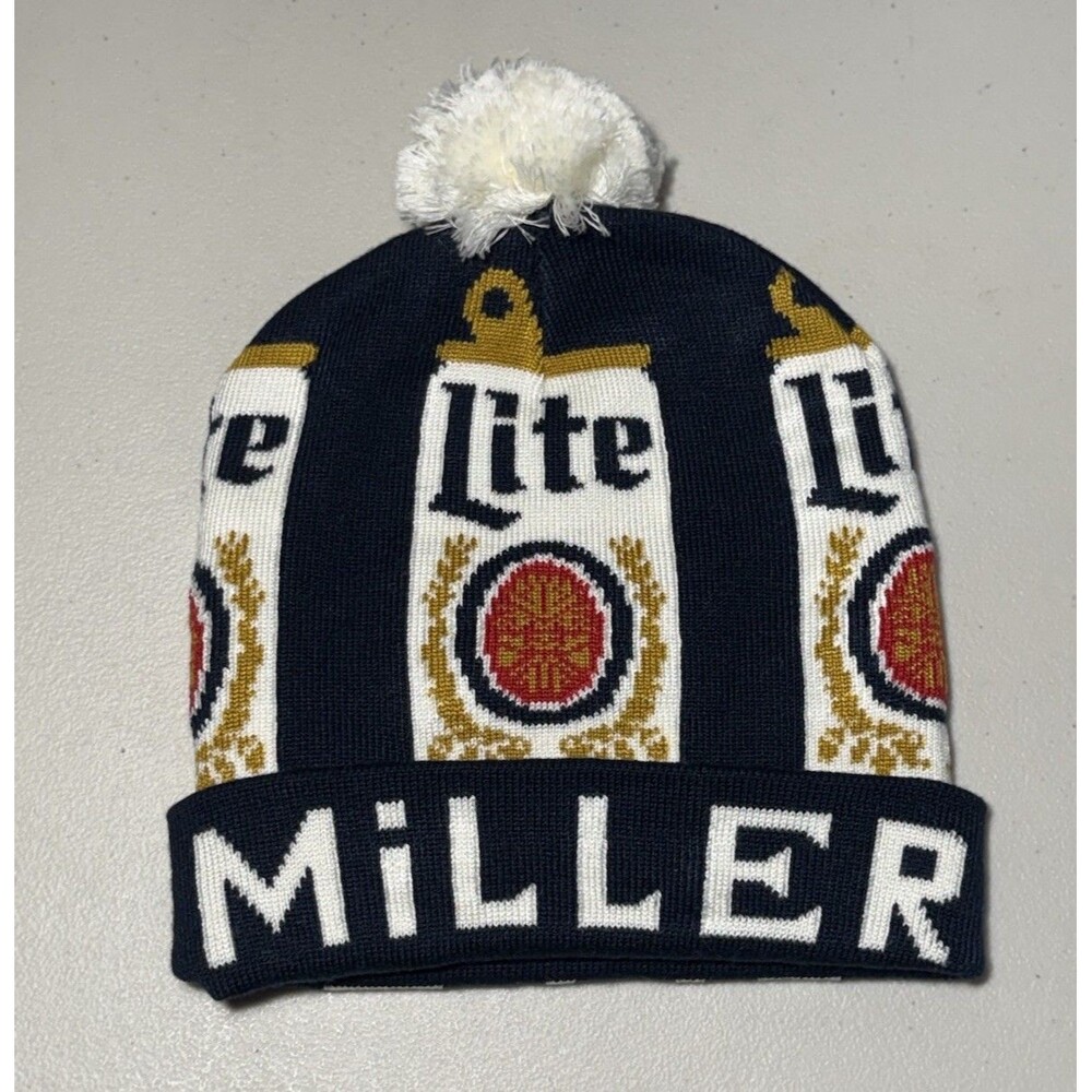 Miller Light Beanie Winter Hat All Over Print Navy Blue One Size Fits Most
